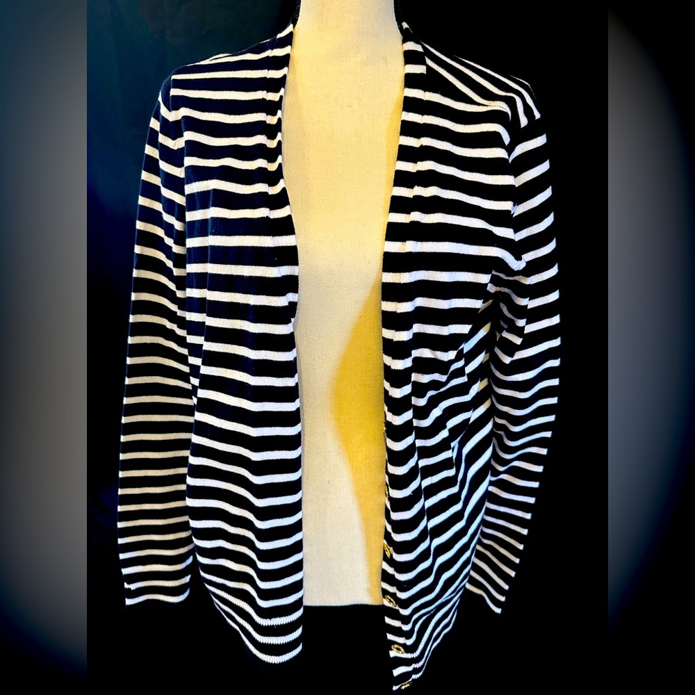 MICHAEL Michael Kors Navy and White Striped Cardigan Sweater; Size XL